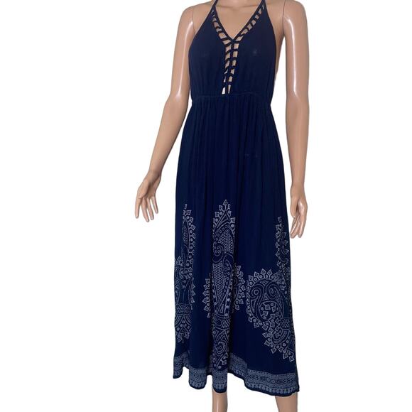 Earthbound maxi dress Navy Blue embroidered top crinkle cut V-neck halter top SM - Picture 1 of 9